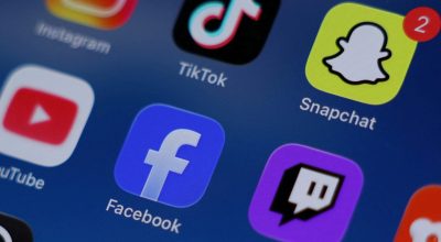 Aplicativos Instagram, TikTok, Snapchat, YouTube, Facebook, Twitch e Reddit são exibidos em um c...