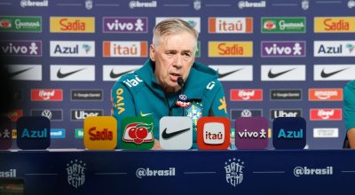 Carlo Ancelotti durante coletiva na Granja Comary