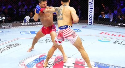 WASHINGTON, DC – JUNE 14: (R-L) Mauricio Ruffy of Brazil strikes Michael Chandler in a lightwei...